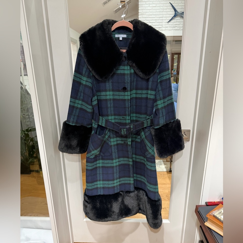 ANTONIO MELANI x Nicola Bathie Blue Green Blackwatch Plaid Coat Black Faux Fur